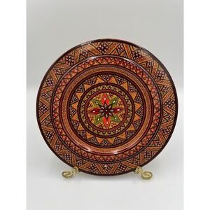 Vintage Hand Painted Hutsul Wooden Plate Ukrainian Folk Art Geometric 9.5 Inch
